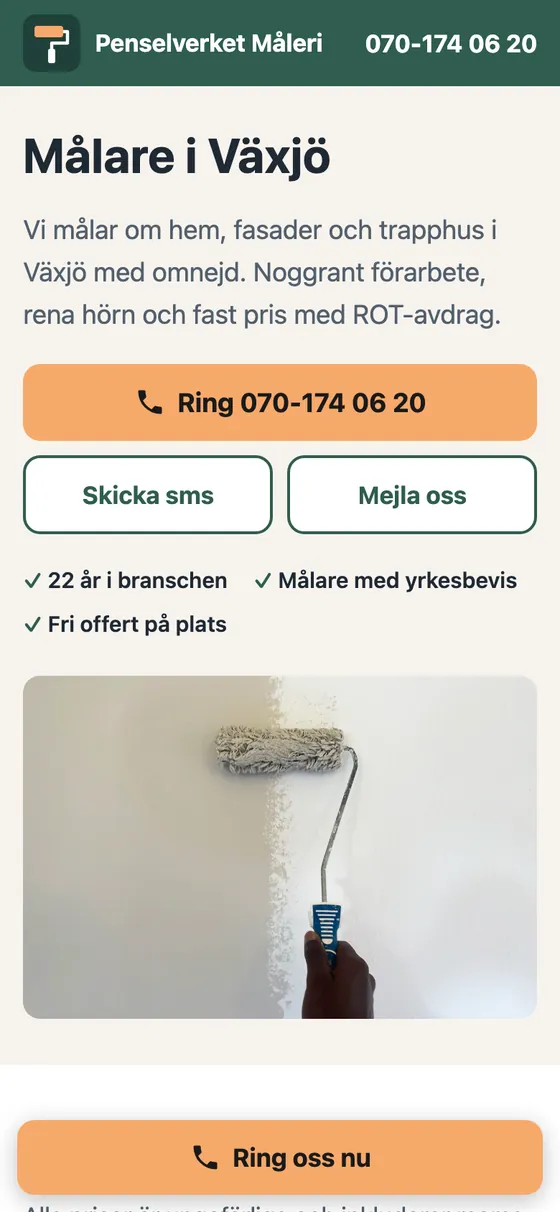 Exempel på en hemsida i mobilen: Målare i Växjö, med stor ring-knapp överst