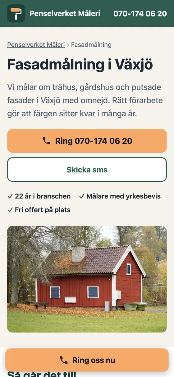 Sidan Fasadmålning i Växjö för Penselverket i mobilen